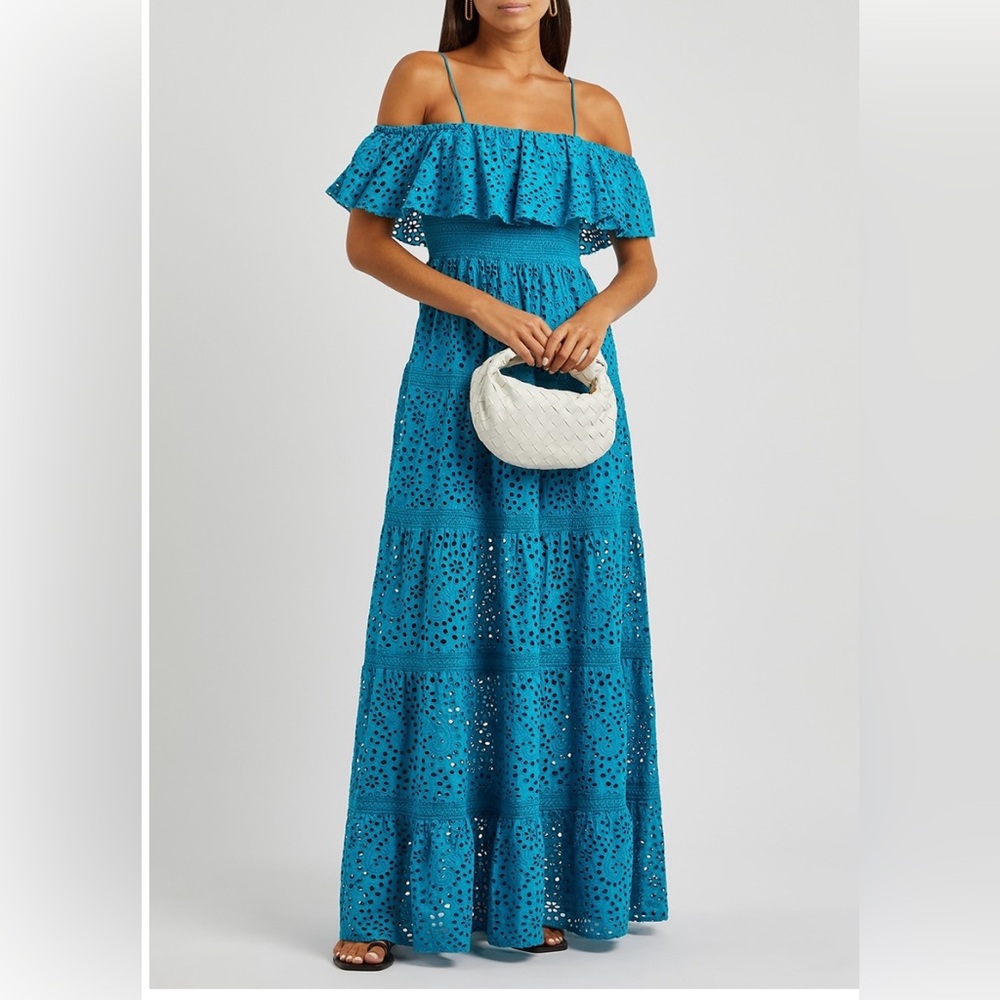 Alice + Olivia Teal Eyelet Off-Shoulder Maxi Dress